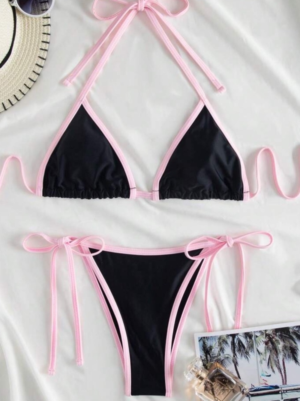 SMALL Black and Pink Contrast String Bikini